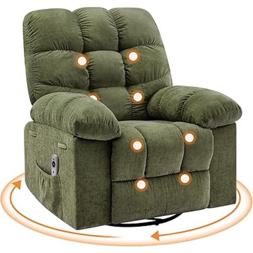 Rocking Recliner Chair with Vibration Massage & Heat, 360° Swivel Oversized Rocker Recliner with Side Pocket for Living Room, Bedroom & Nursery