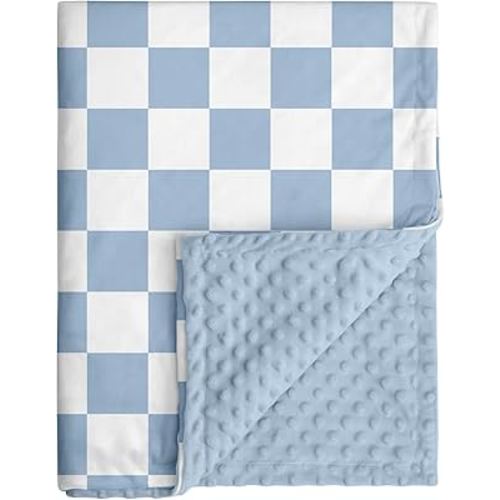 Checkered Baby Blanket, Nursery Minky Blanket for Boys Girls, Cozy Soft Fluffy Newborn Infant Toddler Receiving Blankets for Crib Stroller or Carseat, 30x40 Inches, Blue