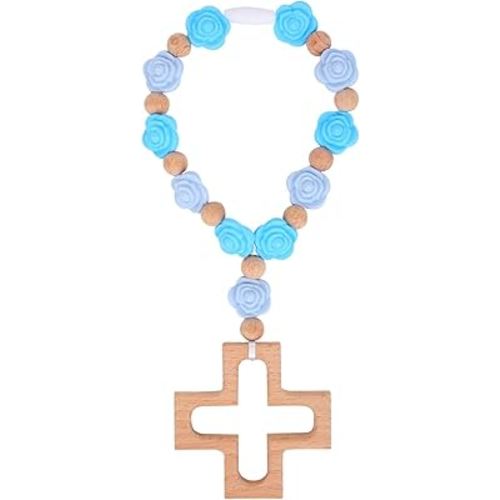 Cross Baptism Silicone Rosary, Blue Flower Beads Baby Rosary Teether with Wooden Cross for Baby Shower Christian Communion Party Kids First Gifts