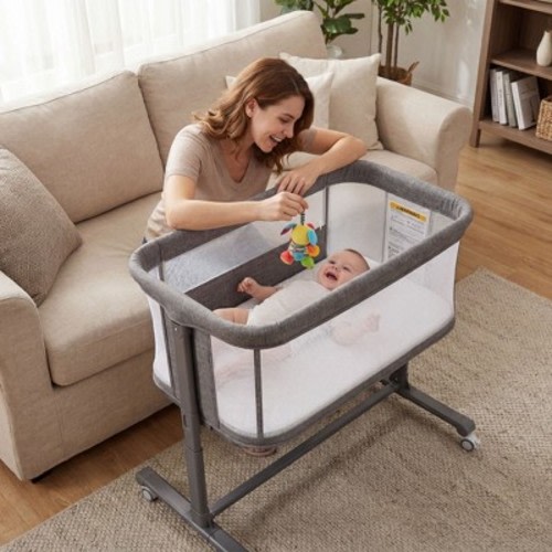 TODECARE Baby Bassinet Bedside Sleeper, 2 in 1 Bedside Sleeper with Wheels, All-Sided Mesh Infant Travel Crib for Toddlers, Gray