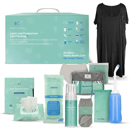 Mama & Wish® Postpartum Essentials Kit (14-Piece) - Includes Hospital Post Partum Essentials for Women After Birth, Labor and Delivery Gown, Peri Bottle, Witch Hazel Foam, Pad Liners & More!