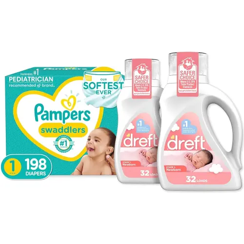 Baby Diapers Newborn/Size 1 (8-14 lb), 198 Count and Baby Laundry Detergent Pack of 2 - Pampers Swaddlers, One Month Supply & Dreft Stage 1 Newborn Hypoallergenic 50 Fl Oz (Packaging May Vary)