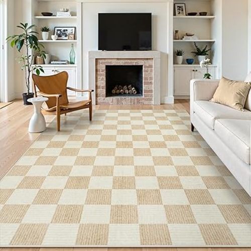 LIVEBOX 8x10 Area Rugs for Living Room, Checkered Non-Slip Washable Rugs, Farmhouse Neutral Classic Geometric Pattern Large Boys Area Rug for Bedroom, Carpet for Dining Room Office(Ivory,8'x10')