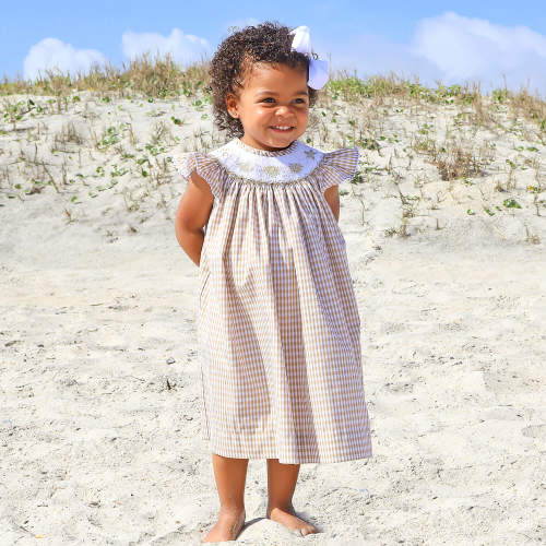 Seashells Smocked Tan Gingham Dress