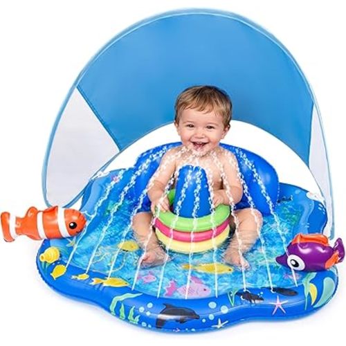 Baby Pool Float with Sprinkler, Inflatable Baby Splash Pad with Stackable Rings Game, Baby Splash Mat with Canopy & Backrest for Toddlers Garden, Beach, Backyard and Bathroom (Blue)