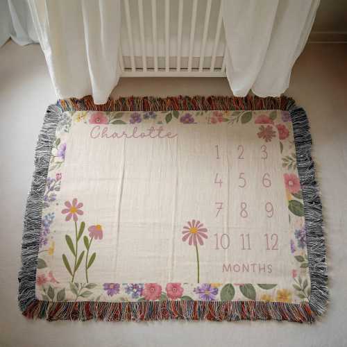 Personalized Baby Girl Milestone Blanket, Custom Floral Monthly Blanket With Name, Wildflower Woven Blanket, Baby Shower Gift Newborn