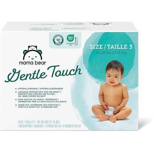 Amazon Brand - Mama Bear Gentle Touch Diapers, Hypoallergenic, Size 3, 168 Count (4 packs of 42), White