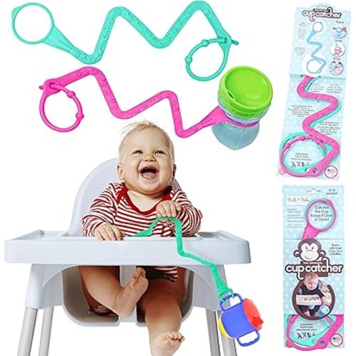 Brilli Baby Cup Catcher Patented Safety Tether Strap, Attach Sippy Cups, Bottles, Pacifiers & More to Stroller, High Chair, Car Seat, Made in USA, Food Grade, Dishwasher Safe (Aqua & Pink)