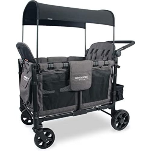 WONDERFOLD W4 Elite Quad Stroller Wagon Featuring 4 Face-to-Face Seats with 5-Point Harnesses, Adjustable Push Handle, and Removable UV-Protection Canopy, Charcoal Gray