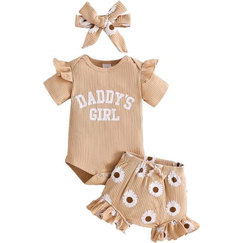 Tsnbre Newborn Baby Girl Clothes Daddys Girl Short Sleeve Romper Floral Shorts Headband Infant Summer Outfits