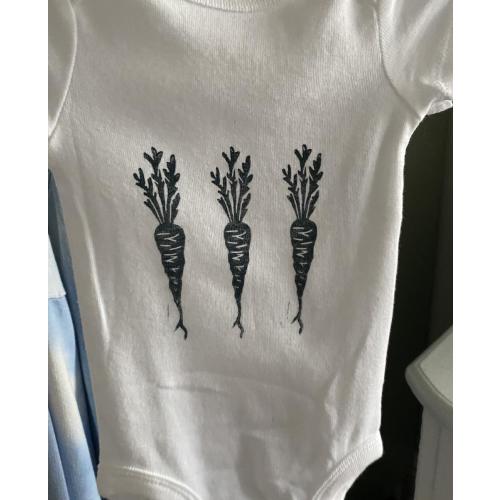 Baby Carrot Onesie - 3 month size - Short Sleeve Cotton Onesie - White Onesie with Navy Block Print - READY TO SHIP