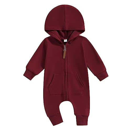 allshope Newborn Baby Boy Girl Fall Outfit Romper Long Sleeve Hooded Solid Zipper Jumpsuit Bodysuit Infant Clothes