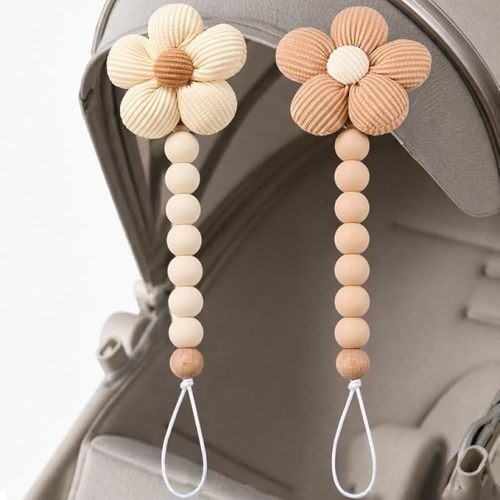 2pcs Flower Pacifier Clip, Silicone Bead Pacifier Clip for Baby Girls and Boys with Beige Brown Color Daisy Birthday Christmas Gift