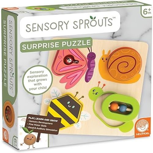 MindWare Sensory Sprouts Surprise Puzzle - Wooden Baby Puzzle with Mirror, Bells & Beads - Educational Toy for Infants & Toddlers 6+ Months Montessori Baby Toy