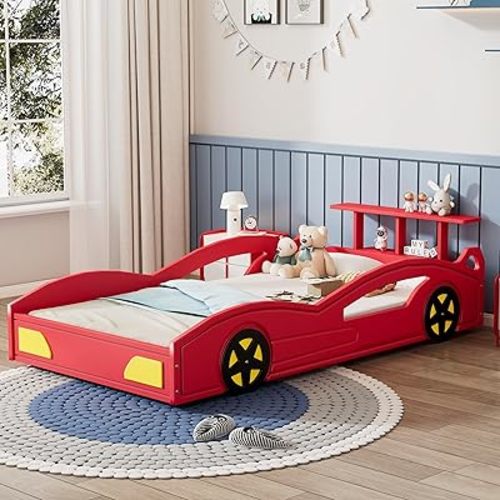 Wooden Race Car Bed, Car-Shaped Platform Twin Bed with Wheels for Teens, Red