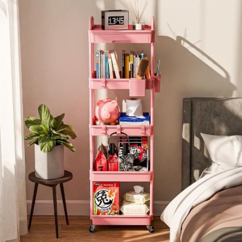 Tree City 5-Tier Rolling Cart with Drawer, Space-Saving Mobile Organizer for Kitchen- 330lbs Capacity Pink