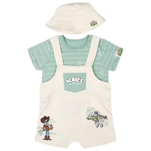 Disney Baby French Terry Short Overalls, T-Shirt and Hat 3 Piece Outfit Set Newborn to Infant Sizes (0-24 Months)