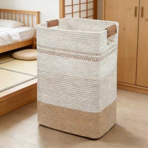 Jute & White Cotton Rope Basket, Leather Handles, 85L Blanket Storage