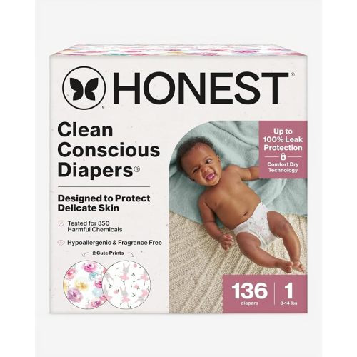 The Honest Company Daytime Diapers, Rose Blossom + Tutu Cute, Size 1, 136ct