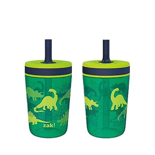 Zak Designs Kelso 15 oz Tumbler Set, (Dino Camo) Leak-Proof Screw-On Lid with Straw Made of Durable Plastic and Silicone, Perfect Cup Bundle for Kids (2pc Set)
