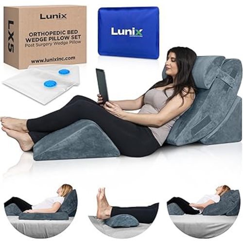 Lunix 4pcs Orthopedic Bed Wedge Pillow Set, Post Surgery Memory Foam for Back, Knee, Leg Pain Relief, Sitting Pillow for Sleeping, Acid Reflux, GERD, with Hot Cold Pack, 100% Navy