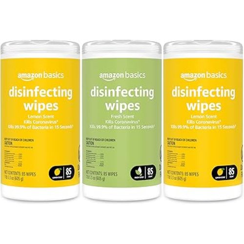 Amazon Basics Disinfecting Wipes, Lemon & Fresh Scent, Sanitizes, Cleans, Disinfects & Deodorizes, 255 Count (3 Packs of 85)