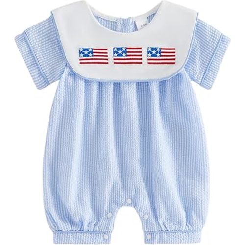 Baby Boy Summer Clothes Infant Toddler Fire Truck Romper Short Sleeve Striped Smocked Onesie Cute One Piece Outfit