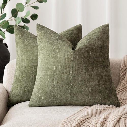 Foindtower Pack of 2 Soft Textured Chenille Throw Decorative Pillow Cover Square Accent Solid Cushion Cover Cozy Neutral Farmhouse Pillow Case for Couch Sofa Bedroom Living Room 18x18 Inch,Olive Green