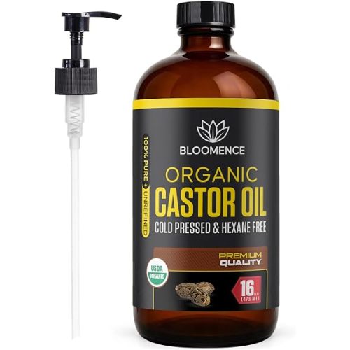 USDA Organic Castor Oil - 100% Pure Cold-Pressed, Hexane-Free for Hair Growth, Eyelashes & Eyebrows - Natural Moisturizer for Skin & Nails with Vitamin E - 16 fl oz Glass Bottle