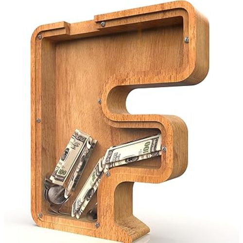 Piggy Bank for Kids Boys Girls, Large Personalized Wooden Letter Piggy Bank with Cut-Out Design, Alphabet Letter Coin Banks, Money Savings Box, Wooden Bank for Kids Creative Gift for Real-Money(F)