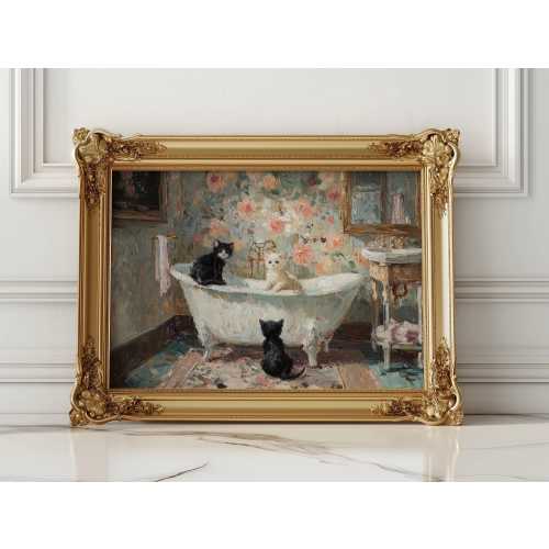 Victorian-Style Kitten Wall Art Poster, Cottagecore Nursery Print, Shabby Chic Bathroom Print, Pastel Floral Cat Decor, UNFRAMED