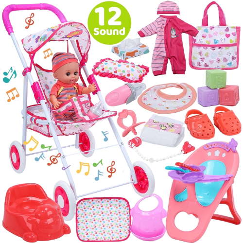 JoyStone Baby Doll Play Set with 12.5" Baby Doll, 21'' Foldable Doll Stroller, High Chair, 35 PCS Baby Doll Accessories and 2 Sets Doll Clothes, Pretend Play Toys for Girls Toddlers