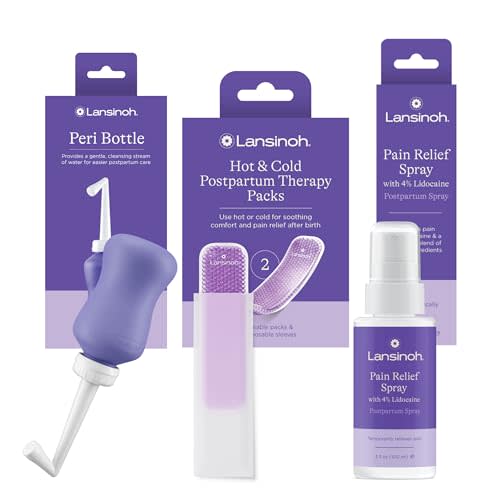 Lansinoh Keep Mama Comfortable Postpartum Care Kit  4% Lidocaine Perineal Spray (3.5 oz), 2 Count Hot & Cold Postpartum Pads, Upside Down Peri Bottle (12.2 oz) for Gentle Cleansing
