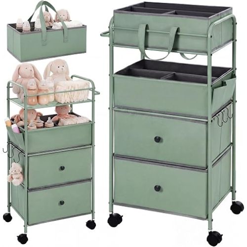 FoldTier 3In1 Baby Diaper Caddy Organizer Cart 4 Tier Large Capacity Metal Utility Bedside Rolling Cart with Divider Newborn Registry Nursery Essential Must Have Bedroom Gift Baby Shower (Green)