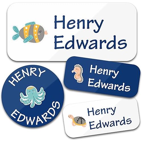 Personalized Daycare Name Labels for Kids (130 Labels) - Custom Waterproof Name Stickers for Clothing Tags, Water Bottles, Lunch Boxes and School Supplies (Water Animals)