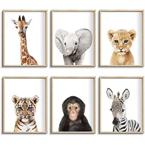 Set of 6 Baby Safari Nursery Wall Decor - Picture Cute Animal Wall Prints on Canvas, under 20 dollars gifts for Baby Boys and Girls Room, UNFRAMED Wall Art(12 x 16 inch)