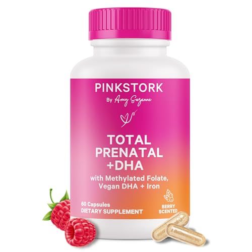 Pink Stork Total Prenatal Vitamins with DHA, Folate, Iron, Choline, and Vitamin B12 - Prenatals for Women to Support Fetal Development, Pregnancy Essentials, Berry Essence, 60 Capsules, 1 Month Supply