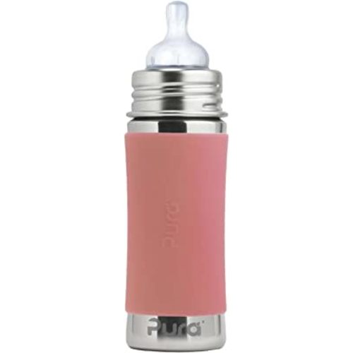 Pura Kiki 9oz/275ml Stainless Steel Infant Bottle w/Sleeve, Anti-Colic, 100% Plastic-Free, MadeSafe Certified, Medical-Grade Silicone, Medium-Flow Nipple, for Babies 3 Months & Up (Rose)