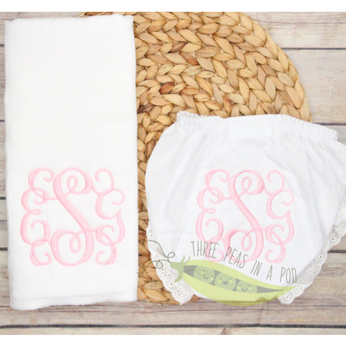 Baby Girl Monogrammed Bloomers/Diaper Cover Burp Cloth Set