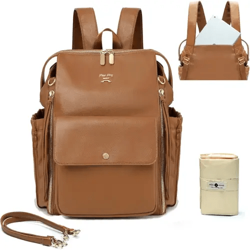 miss fong Diaper Bag Backpack Baby Diaper Bag for Girls and Boys, Leather Purse with 13 Pockets Diaper Bag Organizer,Changing Pad,Stroller Straps,4 Insulated Pockets
