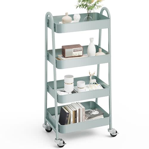 OLIXIS Metal 4 Tiers Utility Rolling Cart, Mobile Storage Shelf with Lockable Caster Wheels, Organization for Livingroom, Bathroom, Kitchen, & Narrow Places, 4-Tier Green