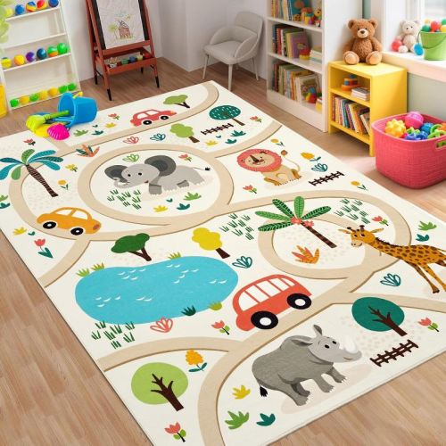 Kids Play Mat with Forest Animals and Roads, Non Slip Washable Classroom Rug, Educational Learning Carpet for Boys Girls Nursery Decor