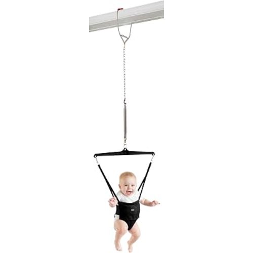 Jolly Jumper ICONIC Doorway Baby Jumper (Black), Indoor Exercise Saddle Seat, Adjustable Height, for Infants up to 28lbs, No Stand Required