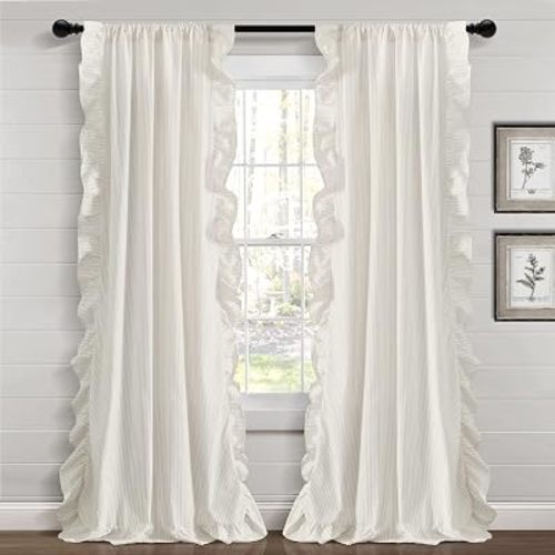 Lush Decor Farmhouse Reyna Ruffle Window Curtain Panel Pair, 52" W x 84" L, Neutral
