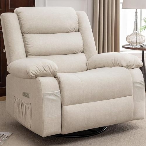Korser Power Recliner Chair, Electric Rocker Recliner with Massage and Heat, 270° Swivel Glider, Oversized Wide Seat with USB Port, Cashmere Nursery Chair for Living Room - Beige