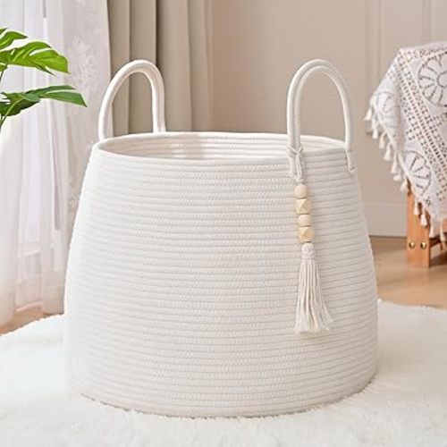 Large Nursery Hamper, 30L Blanket Basket with Handle, Baby Laundry Basket for Gift, Toy, Clothes, Woven Storage Basket with Wooden Bead Decor, Baby Hamper for Nursery (White)