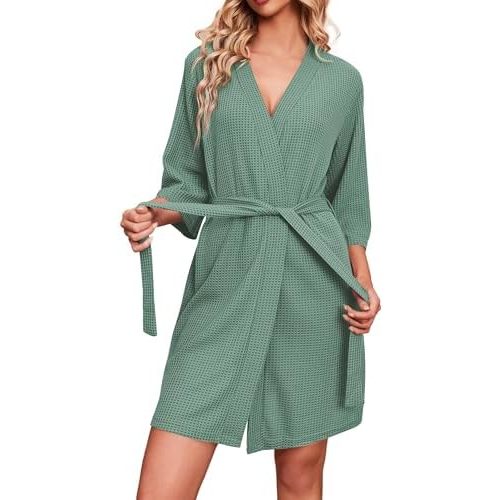 Ekouaer Robes for Women Waffle Knit Bathrobe Soft Lightweight Knee Length Loungewear S-XXL
