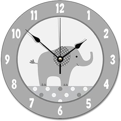 ArogGeld Gray and White Elephant Wall Clock Nursery Wood Clock 10 Inch Silent Non-Ticking Wooden Wall Clocks Battery Operated Living Room Bedroom Kitchen Farmhouse Decor Christmas Birthday Gift