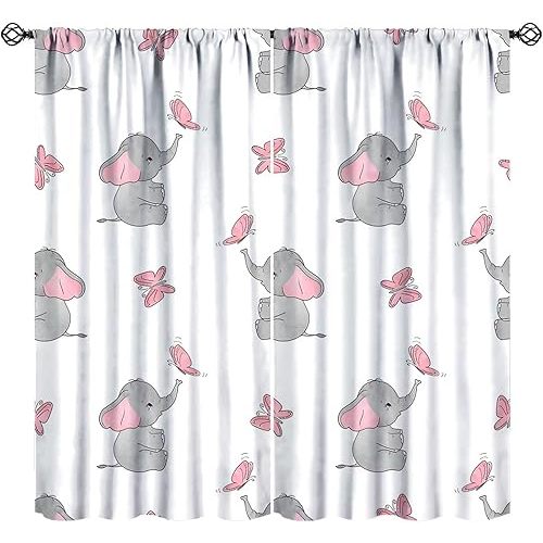 Gray Elephant Curtains, Cute Elephant Pink Butterfly Kids Room Decorative Window Drapes for Bedroom Living Room Nursery, 42" W X 45" L(No Blackout)