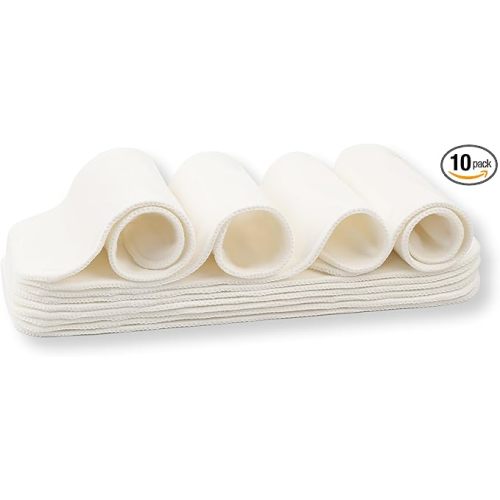 Nora's Nursery 5-Layer Cotton Inserts – 10 Pack with Snaps | Super Absorbent, Reusable & Washable Diaper Liners | Leak-Proof Cloth Diaper Inserts for Overnight Comfort and Protection